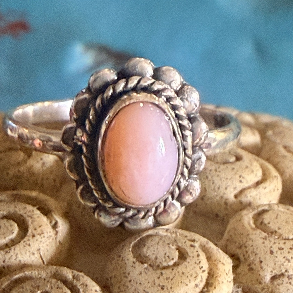 Beautiful Pink Opal 
.925 Sterling Silver
Size 6 1/2
Perfect Pinky Ring